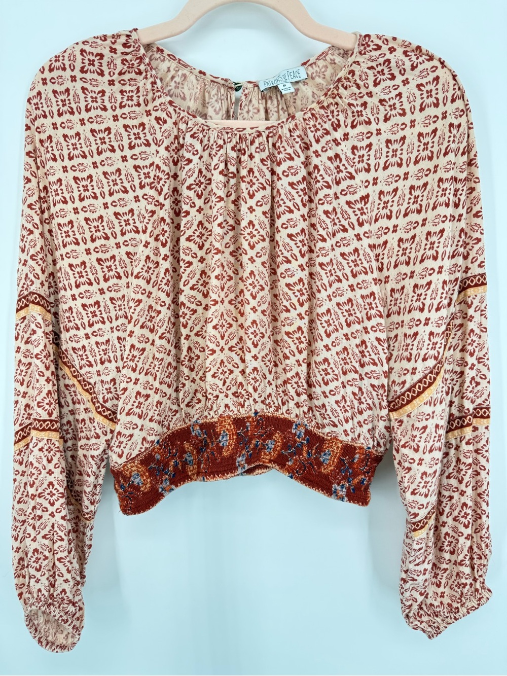 Patrons Of Peace Irving Adobe Cropped Peasant Top Red Cream Size Medium boho